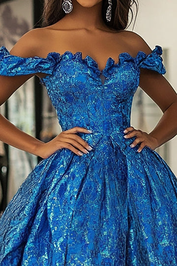 Off The Shoulder Ball Klänning Royal Blue Korsett Balklänning